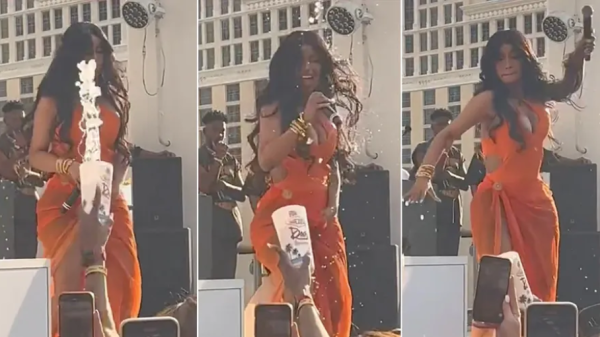 Cardi B’s microphone fling at a fan who threw a drink on stage goes viral.