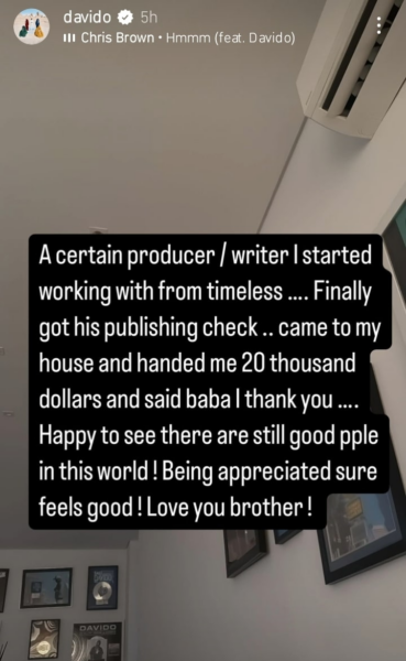 Davido Grateful for $20K Gift from Producer